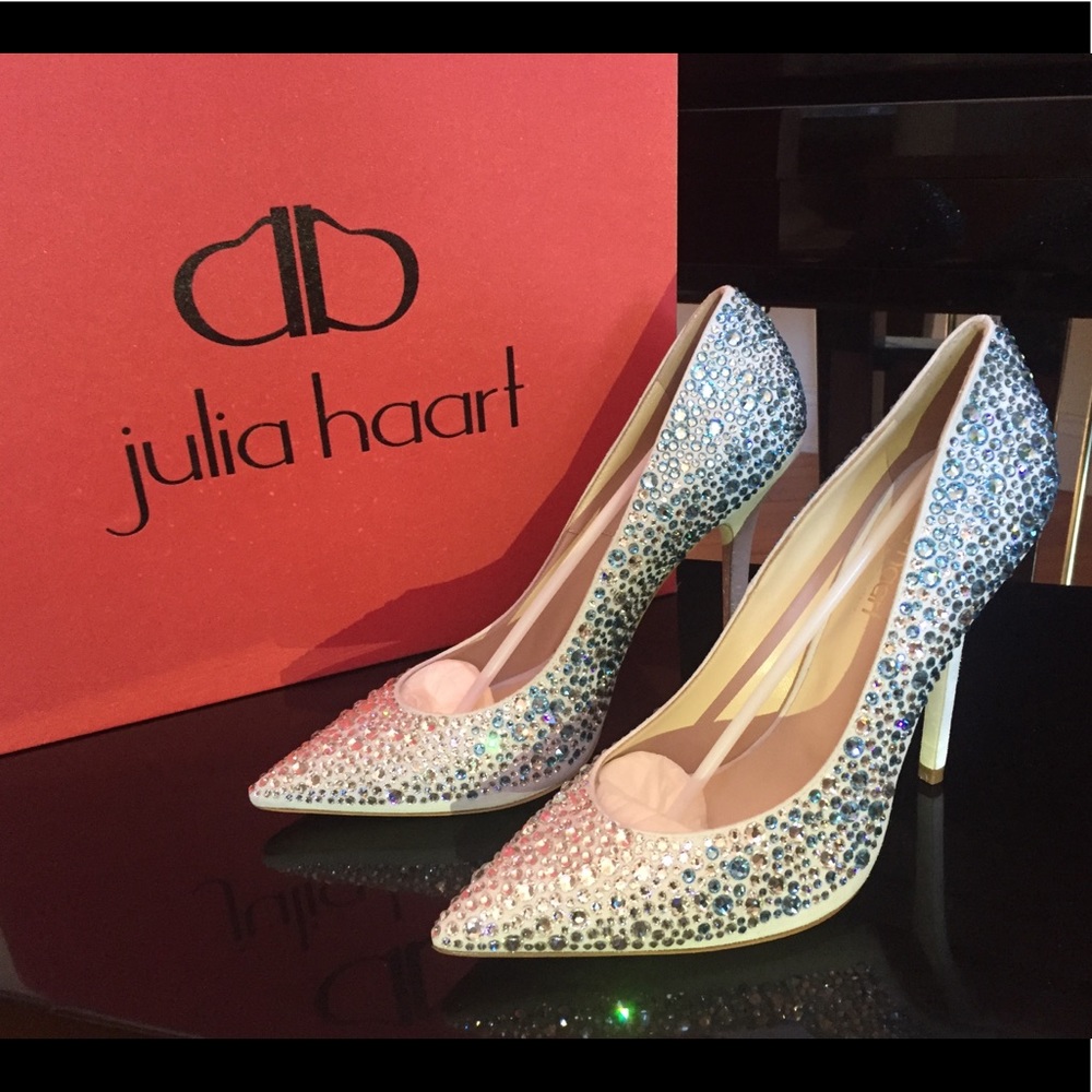 NIB sz 37.5 Julia Haart Clear and Turquoise Swarovski Crystal Heel Pumps